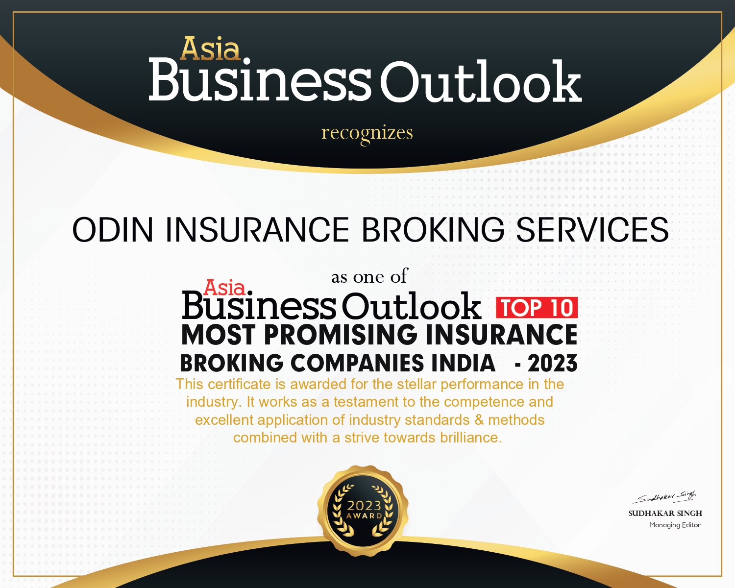 Odin awarded 'Top 10 Most Promising Insurance Broking Companies in India 2023' by Asia Business Outlook